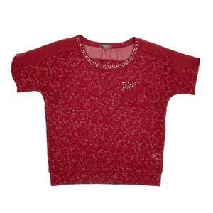 Miss Me Red Lace Knit Sequin Trim Foldover Pocket Short Sleeve Tee Size Medium